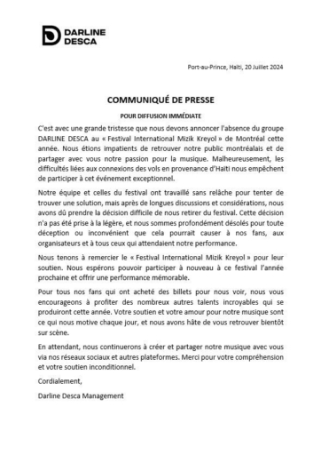 Darline Desca annule sa participation au Festival Mizik Kreyol de Montréal en raison de problèmes de vols