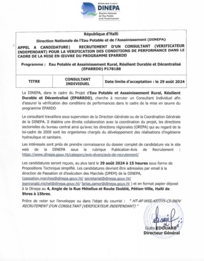 La DINEPA à la recherche d'un consultant pour son projet EPARRDD
