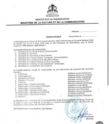 Haïti: Le Comité du carnaval national 2025 constitué, avec Josette Darguste à sa tête