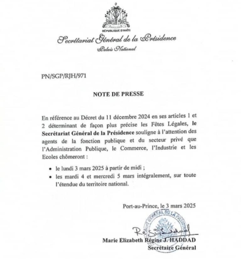 La Présidence rappelle le respect des jours fériés : congés confirmés pour les 3, 4 et 5 mars