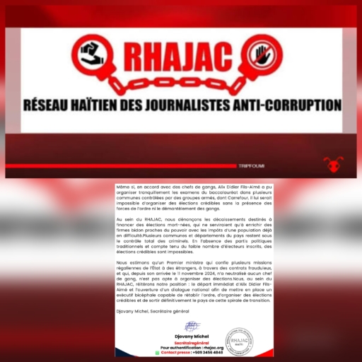 Haïti: le RHAJAC réclame le départ d’Alix Didier Fils-Aimé et doute de la crédibilité des prochaines élections 1 Haïti: le RHAJAC réclame le départ d’Alix Didier Fils-Aimé et doute de la crédibilité des prochaines élections