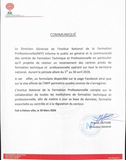 L’INFP lance une vaste opération de recensement des centres de formation en Haïti