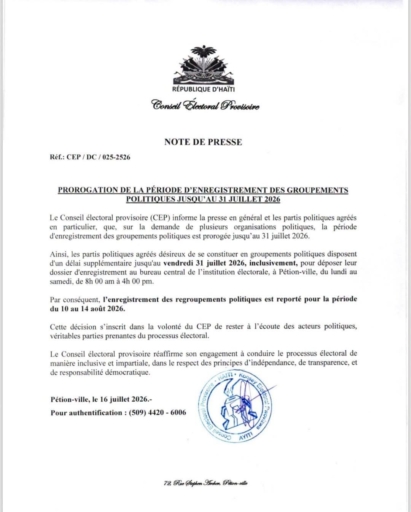 Le CEP prolonge jusqu'au 31 juillet l'enregistrement des groupements politiques 2 Le CEP prolonge jusqu'au 31 juillet l'enregistrement des groupements politiques