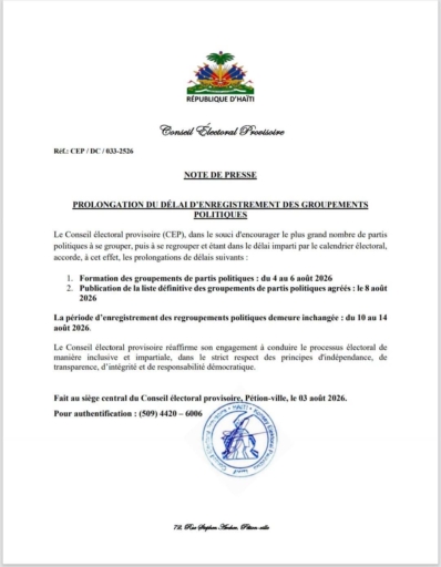 Haïti-Élections: Prolongation par le CEP du délai de formation des groupements politiques