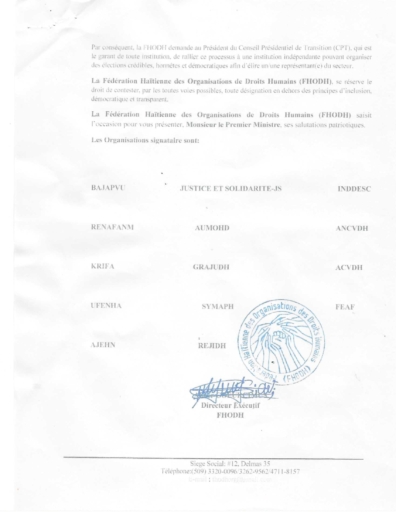 La FHODH s'adresse au Président-Conseiller Edgard Leblanc Fils sur le choix du représentant des organisations de droits Humains