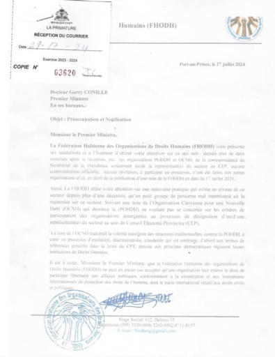 La FHODH s'adresse au Président-Conseiller Edgard Leblanc Fils sur le choix du représentant des organisations de droits Humains
