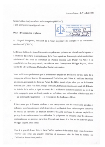 Dossier Sunrise Airways; le RHAJAC porte plainte contre Alix Didier Fils-Aimé à la Cour des Comptes
