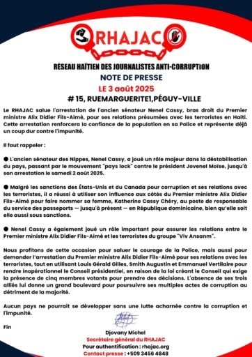 L'arrestation de Nenel Cassy, un signal fort dans la lutte contre la corruption et l'impunité en Haïti