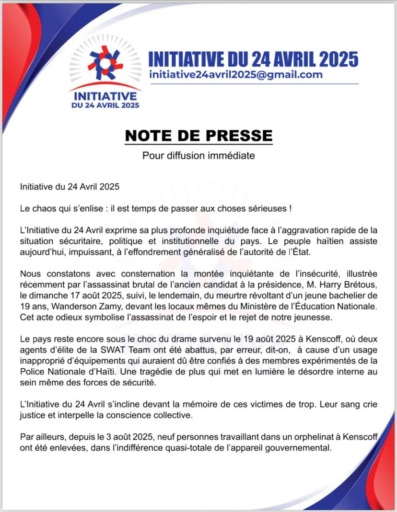 Haiti-Politique: l’Initiative du 24 avril alerte sur un pays au bord de l’effondrement