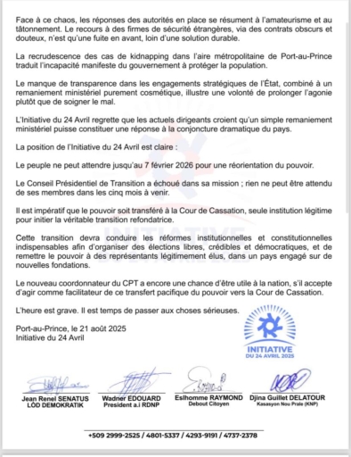 Haiti-Politique: l’Initiative du 24 avril alerte sur un pays au bord de l’effondrement