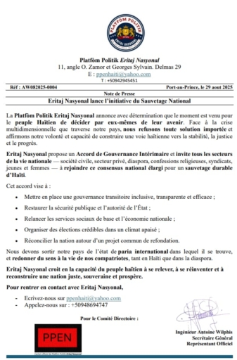 La plateforme politique "Eritaj Nasyonal" lance l’initiative du sauvetage national : vers une refondation souveraine d’Haïti