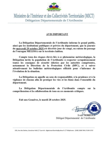 Tempête Mélissa : le CPT déclare le mercredi 29 octobre "jour chômé" sur tout le territoire national 4 Tempête Mélissa : le CPT déclare le mercredi 29 octobre "jour chômé" sur tout le territoire national