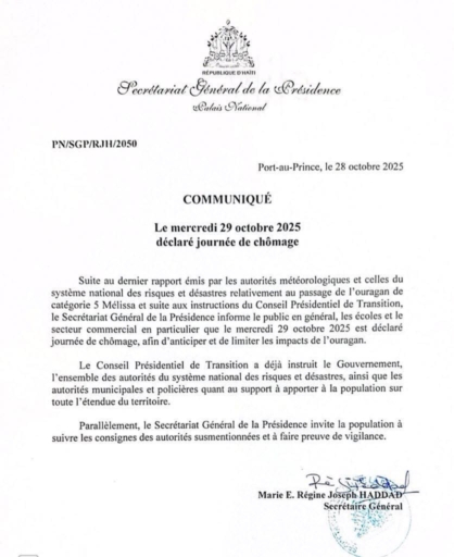 Tempête Mélissa : le CPT déclare le mercredi 29 octobre "jour chômé" sur tout le territoire national 3 Tempête Mélissa : le CPT déclare le mercredi 29 octobre "jour chômé" sur tout le territoire national