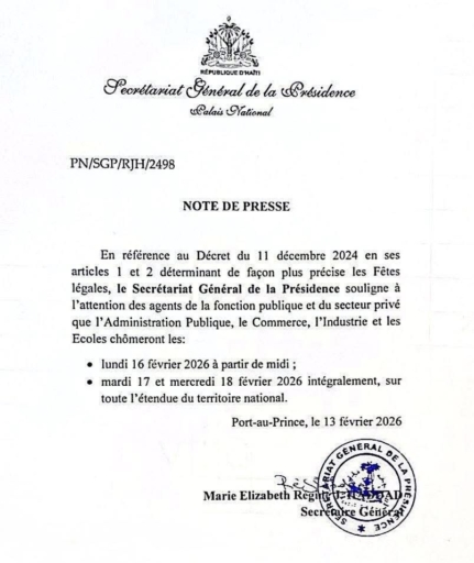 L’État haïtien décrète les 16 et 17 février 2026 jours fériés et chômés à l’occasion du Carnaval national