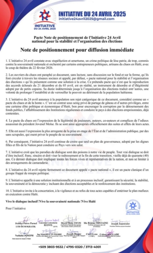 L’Initiative du 24 avril rejette le pacte du 22 février et appelle à un consensus national
