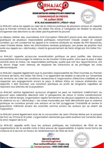 Le RHAJAC appelle au rejet de la violence politique et interpelle le Premier ministre sur ses responsabilités