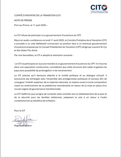 Haïti – Politique : Le CIT refuse de rejoindre un gouvernement d’ouverture du CPT