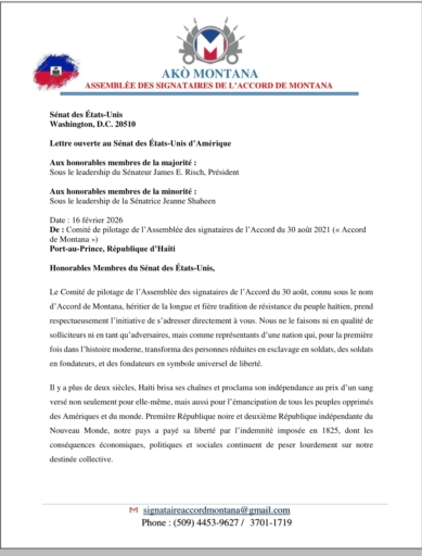 L’Accord de Montana saisit le Sénat américain et le chef de l'opposition officielle du Canada sur la souveraineté d’Haïti