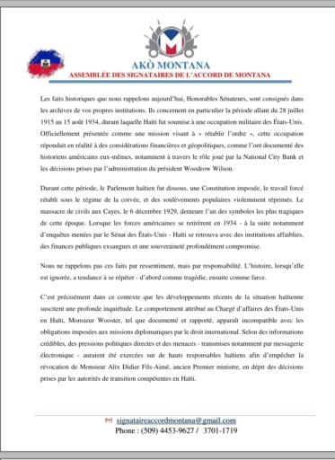 L’Accord de Montana saisit le Sénat américain et le chef de l'opposition officielle du Canada sur la souveraineté d’Haïti