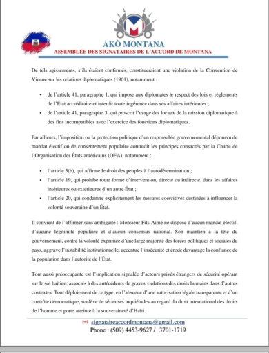 L’Accord de Montana saisit le Sénat américain et le chef de l'opposition officielle du Canada sur la souveraineté d’Haïti