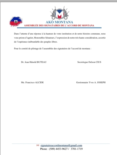 L’Accord de Montana saisit le Sénat américain et le chef de l'opposition officielle du Canada sur la souveraineté d’Haïti