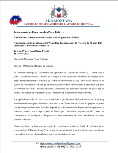L’Accord de Montana saisit le Sénat américain et le chef de l'opposition officielle du Canada sur la souveraineté d’Haïti