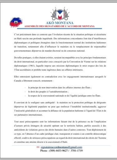 L’Accord de Montana saisit le Sénat américain et le chef de l'opposition officielle du Canada sur la souveraineté d’Haïti