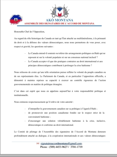 L’Accord de Montana saisit le Sénat américain et le chef de l'opposition officielle du Canada sur la souveraineté d’Haïti
