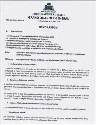 Haïti : le ministère de la Défense met fin aux escortes militaires accordées aux personnalités publiques